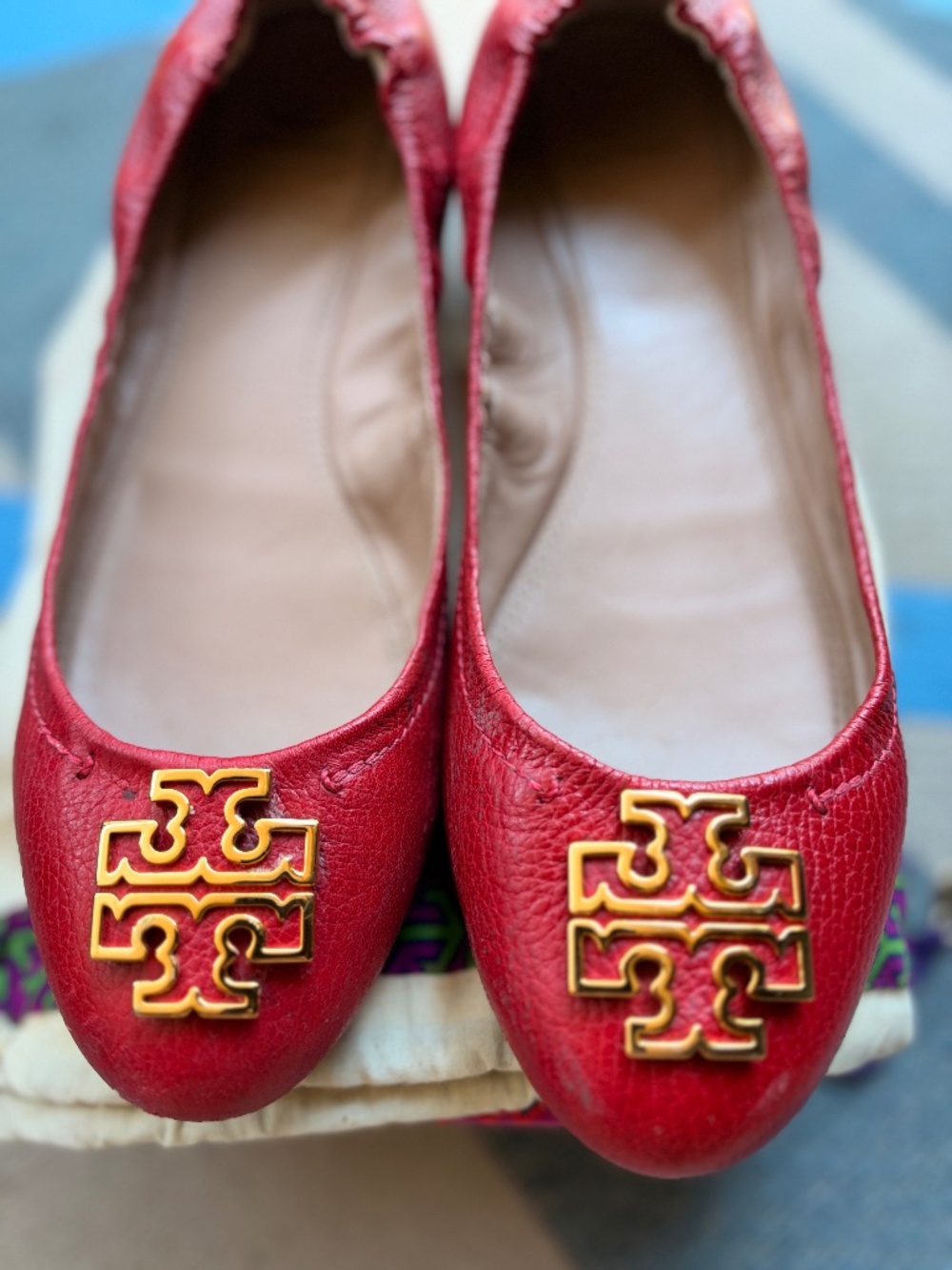 Tory Burch Melinda Ballet Flats Cerise Tumbled Leather Size 10.5